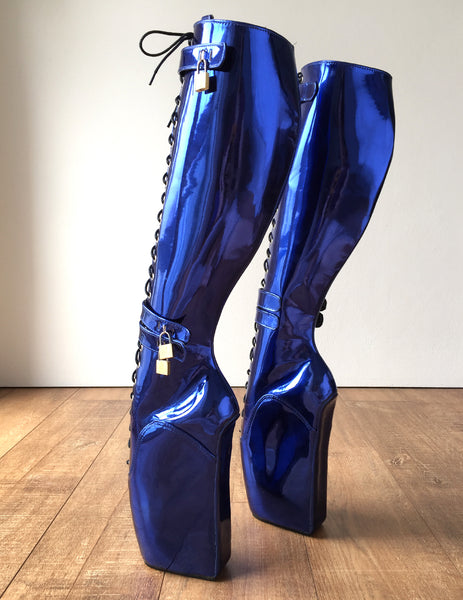 Beginner CUF Hoof Heelless Fetish Pinup Ballet Lockable Wedge Boot Metallic Blue