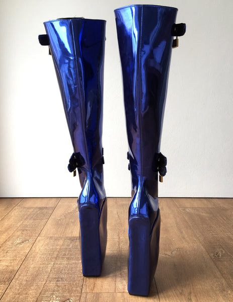 Beginner CUF Hoof Heelless Fetish Pinup Ballet Lockable Wedge Boot Metallic Blue