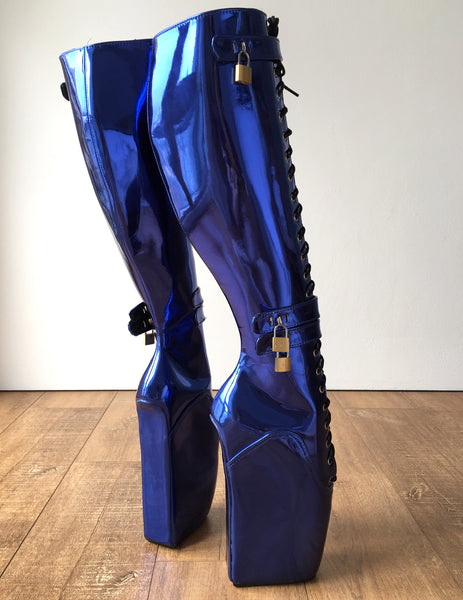 Beginner CUF Hoof Heelless Fetish Pinup Ballet Lockable Wedge Boot Metallic Blue