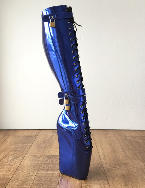 Beginner CUF Hoof Heelless Fetish Pinup Ballet Lockable Wedge Boot Metallic Blue