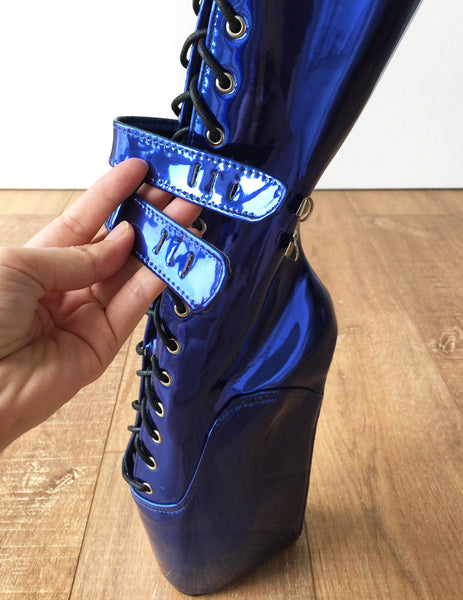 Beginner CUF Hoof Heelless Fetish Pinup Ballet Lockable Wedge Boot Metallic Blue