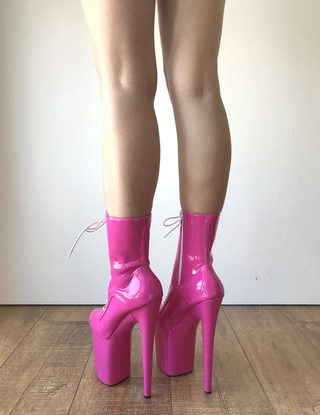 RTBU DADA 20cm Platform Heel Bubble Pink Patent Laceup Zip Calf Party Boots