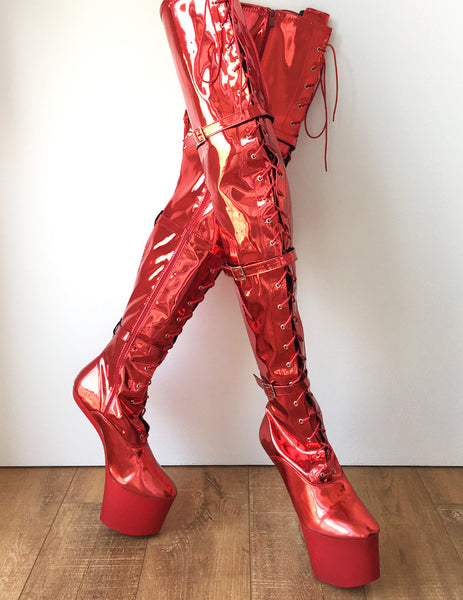 DANY 18cm Pony Hoof Sole Heelless Platform Crotch Hi Boots Fetish Red Metallic