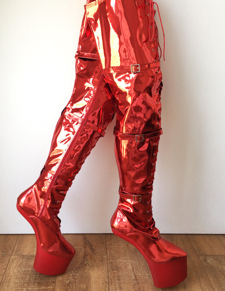 DANY 18cm Pony Hoof Sole Heelless Platform Crotch Hi Boots Fetish Red Metallic