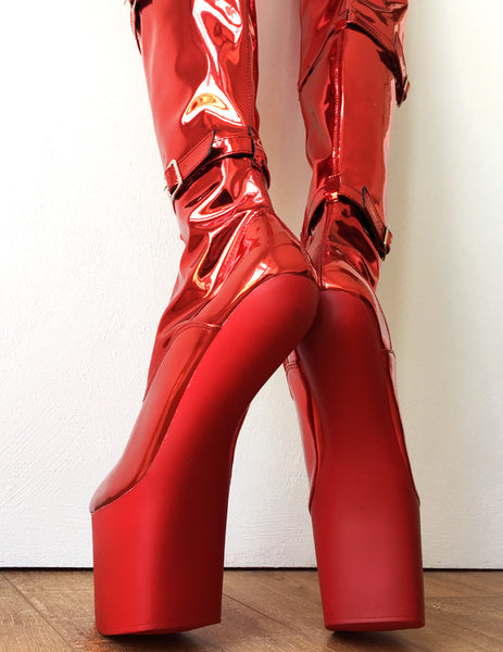 DANY 18cm Pony Hoof Sole Heelless Platform Crotch Hi Boots Fetish Red Metallic