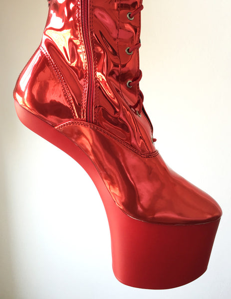 DANY 18cm Pony Hoof Sole Heelless Platform Crotch Hi Boots Fetish Red Metallic