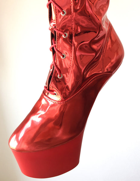 DANY 18cm Pony Hoof Sole Heelless Platform Crotch Hi Boots Fetish Red Metallic