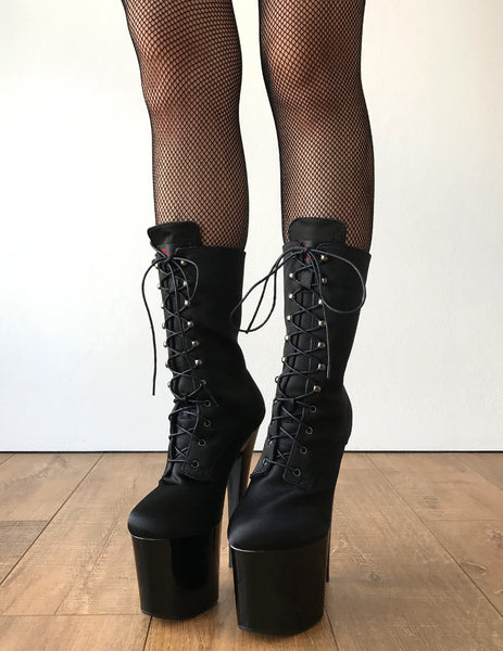 RTBU DENZEL 20cm Platform Diva Fetish Custom Calf Boot Silk Black Satin