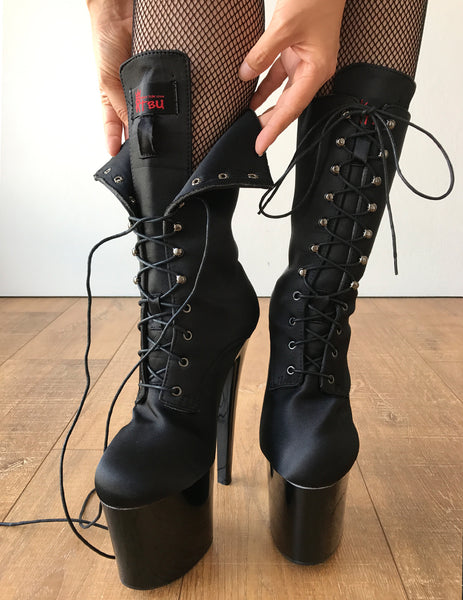 RTBU DENZEL 20cm Platform Diva Fetish Custom Calf Boot Silk Black Satin