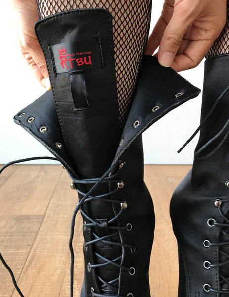 RTBU DENZEL 20cm Platform Diva Fetish Custom Calf Boot Silk Black Satin