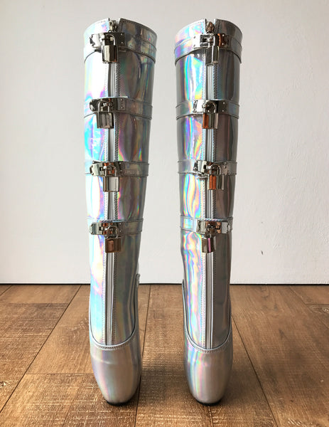 18cm DIVA Lockable Beginner Ballet Wedge Boots Hoof Heelless Fetish Holographi