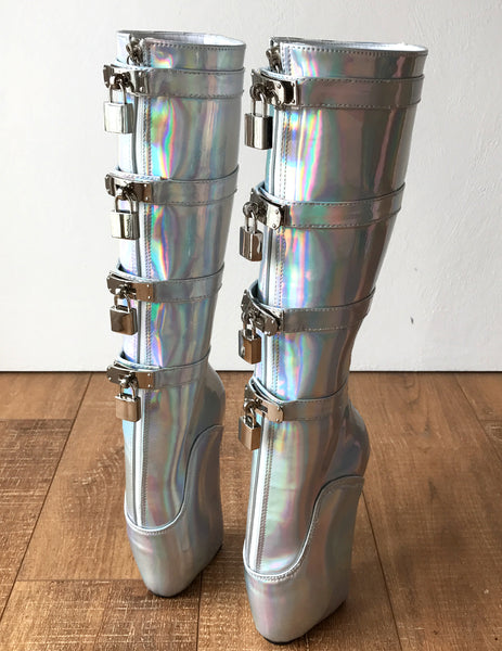 18cm DIVA Lockable Beginner Ballet Wedge Boots Hoof Heelless Fetish Holographi