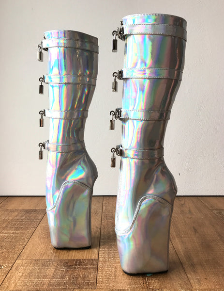 18cm DIVA Lockable Beginner Ballet Wedge Boots Hoof Heelless Fetish Holographi