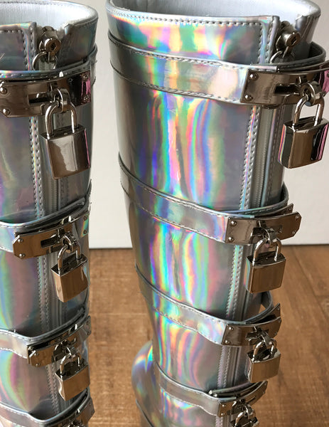 18cm DIVA Lockable Beginner Ballet Wedge Boots Hoof Heelless Fetish Holographi