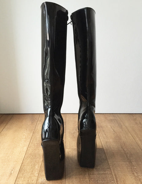 ECE Heavy Hoof Sole Horse Pony Heelless Knee Hi Fetish BDSM Boots Black Patent