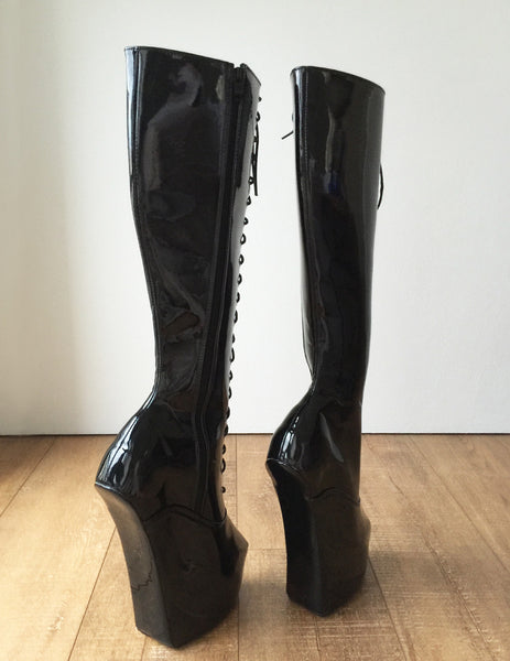 ECE Heavy Hoof Sole Horse Pony Heelless Knee Hi Fetish BDSM Boots Black Patent