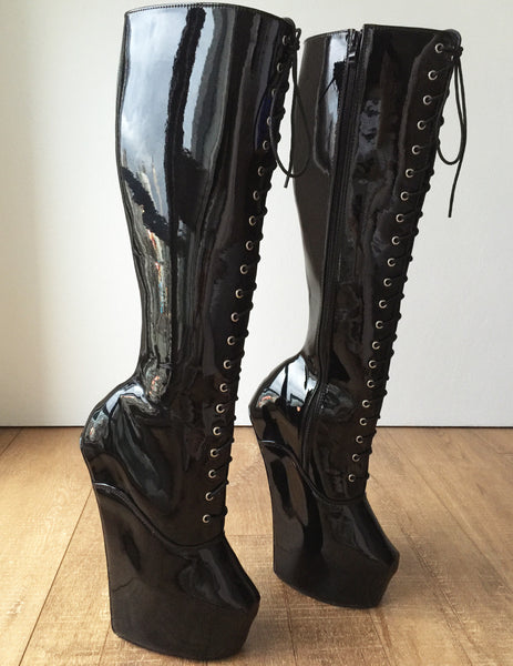 ECE Heavy Hoof Sole Horse Pony Heelless Knee Hi Fetish BDSM Boots Black Patent