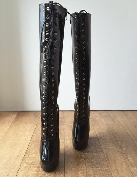 ECE Heavy Hoof Sole Horse Pony Heelless Knee Hi Fetish BDSM Boots Black Patent