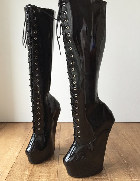 ECE Heavy Hoof Sole Horse Pony Heelless Knee Hi Fetish BDSM Boots Black Patent