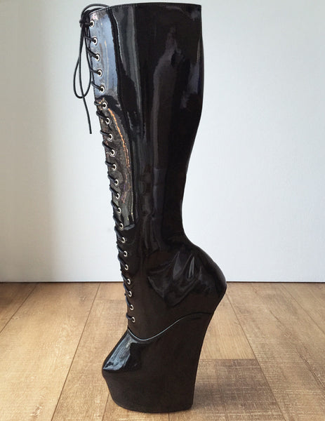 ECE Heavy Hoof Sole Horse Pony Heelless Knee Hi Fetish BDSM Boots Black Patent