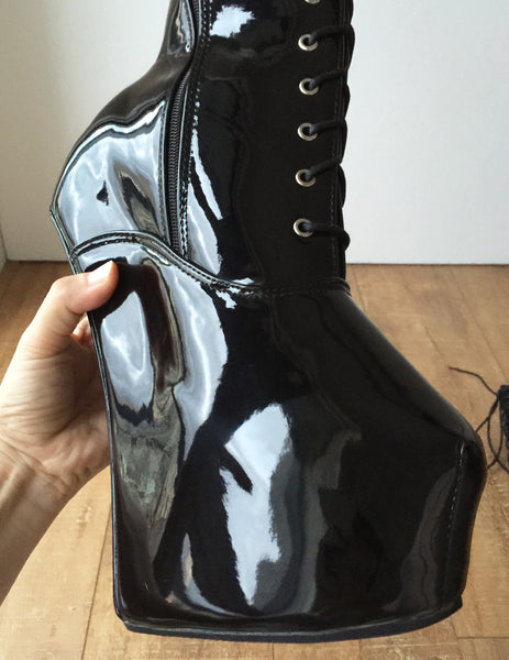ECE Heavy Hoof Sole Horse Pony Heelless Knee Hi Fetish BDSM Boots Black Patent