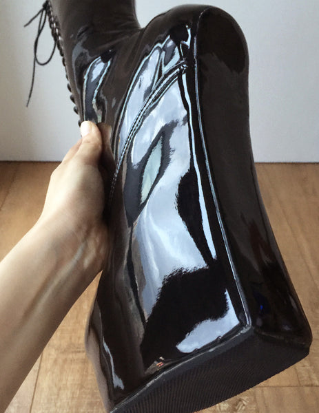 ECE Heavy Hoof Sole Horse Pony Heelless Knee Hi Fetish BDSM Boots Black Patent
