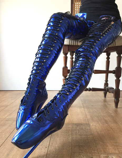 RTBU EZRA (Wide Tongue) Electric Metallic Blue BDSM Fetish Crotch Ballet Boot