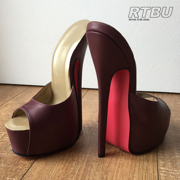 20cm Genuine Leather Extreme Hand Made Peep Toe Mule Platform Sandals Raisin