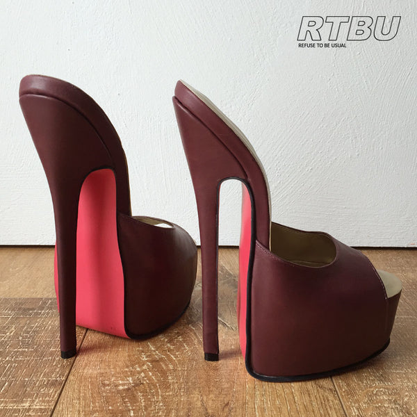 20cm Genuine Leather Extreme Hand Made Peep Toe Mule Platform Sandals Raisin