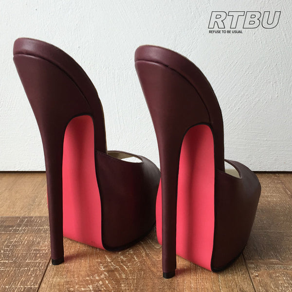 20cm Genuine Leather Extreme Hand Made Peep Toe Mule Platform Sandals Raisin