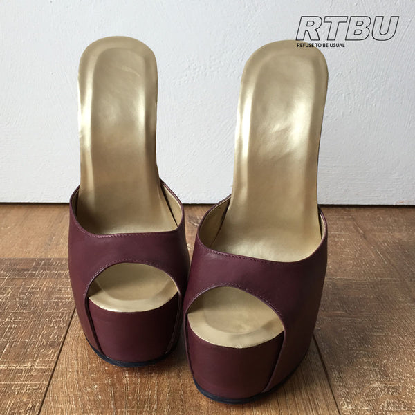 20cm Genuine Leather Extreme Hand Made Peep Toe Mule Platform Sandals Raisin
