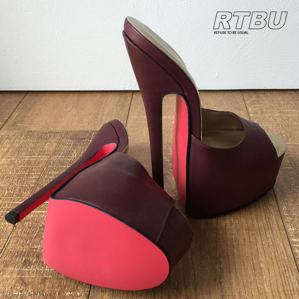20cm Genuine Leather Extreme Hand Made Peep Toe Mule Platform Sandals Raisin