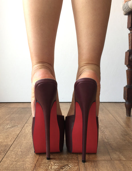 20cm Genuine Leather Extreme Hand Made Peep Toe Mule Platform Sandals Raisin