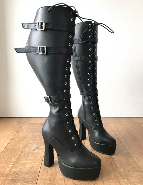 RTBU GENTS Lace Up Zip Straps 12cm Spool Fetish Boots Black Matte