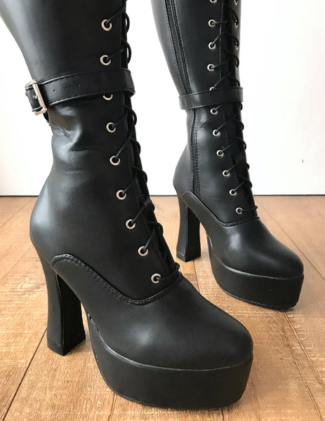 RTBU GENTS Lace Up Zip Straps 12cm Spool Fetish Boots Black Matte