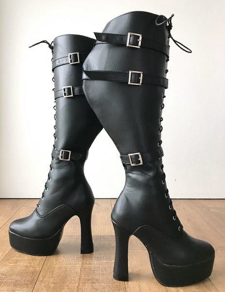 RTBU GENTS Lace Up Zip Straps 12cm Spool Fetish Boots Black Matte