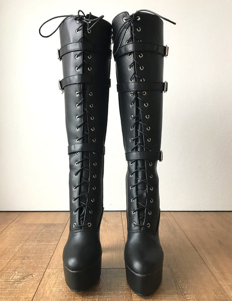 RTBU GENTS Lace Up Zip Straps 12cm Spool Fetish Boots Black Matte