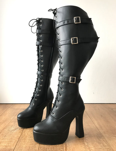 RTBU GENTS Lace Up Zip Straps 12cm Spool Fetish Boots Black Matte