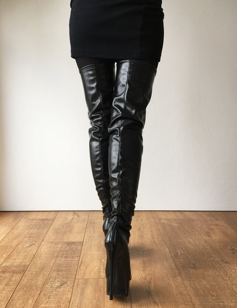 RTBU 15cm IAN Platform 70cm Mid-Thigh Crotch Runway Cat Women Boot Black Matte