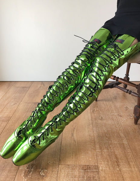 RTBU EZRA 60cm Wide Tongue Corset Dominatrix Thigh Hi Boots Green Metallic
