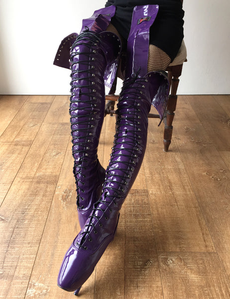 RTBU EZRA 80cm Wide Tongue Corset Dominatrix Knee/Thigh/Crotch Boot Purple Patent