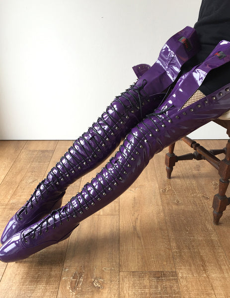 RTBU EZRA 80cm Wide Tongue Corset Dominatrix Knee/Thigh/Crotch Boot Purple Patent