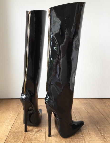 RTBU KICK 18cm Knee Hi Stiletto Straight Hard Shaft Gold Piping Patent Black