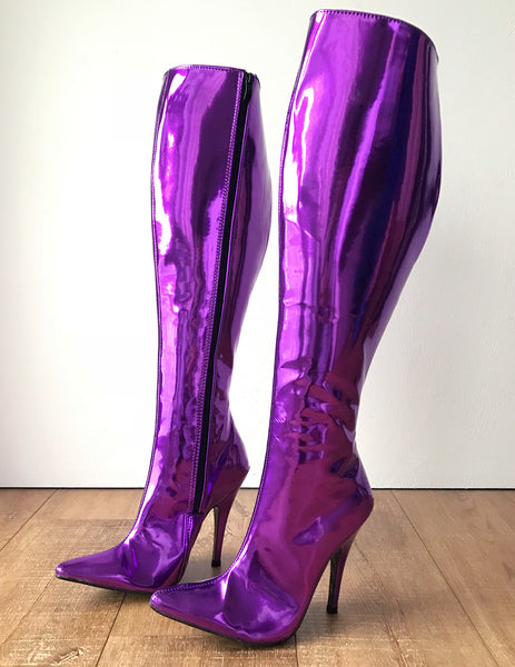 RTBU KIKA Hard Shaft Knee Boots 12cm Stiletto Vegan Personalized Shaft Purple Metallic