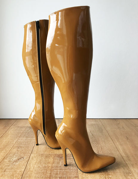 RTBU KIKA Hard Shaft Knee Boots 12cm Stiletto Vegan Personalized Shaft Camel Patent