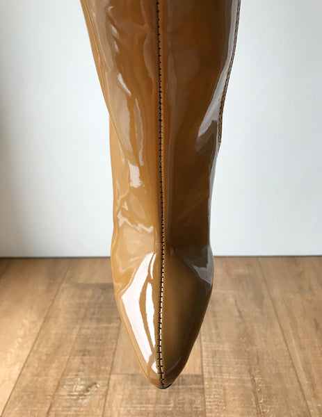RTBU KIKA Hard Shaft Knee Boots 12cm Stiletto Vegan Personalized Shaft Camel Patent