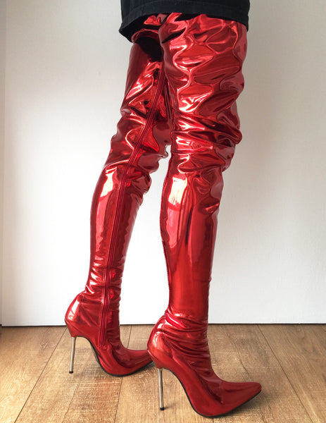 LETHAL 12cm Silver Metal Heel 80cm Crotch Show Boot Metallic Red Fire Customize