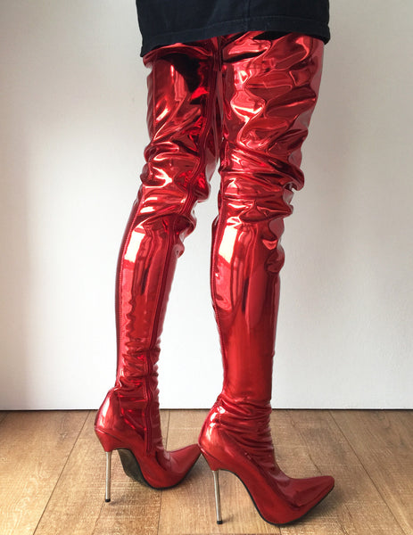 LETHAL 12cm Silver Metal Heel 80cm Crotch Show Boot Metallic Red Fire ...