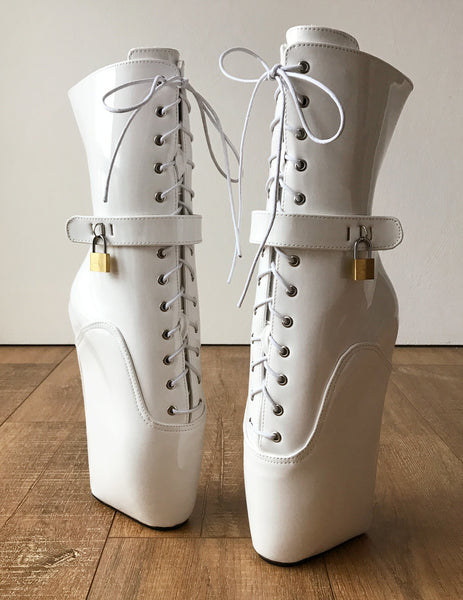 18cm LOCKY Beginner Lockable Ballet Wedge Boots Hoof Heelless Fetish Pinup White Patent