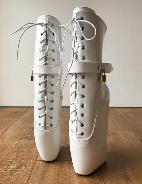 18cm LOCKY Beginner Lockable Ballet Wedge Boots Hoof Heelless Fetish Pinup White Patent